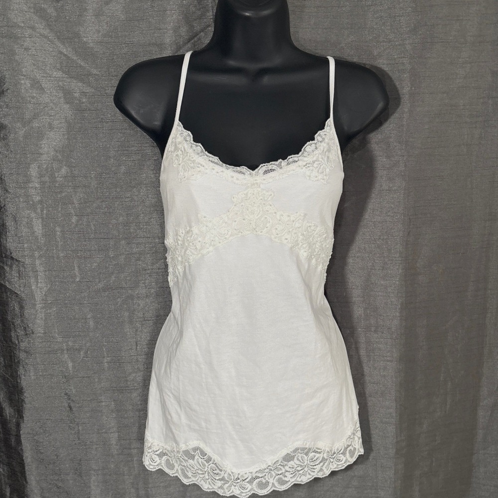 WD·NY Womens White Lace Trim Camisole Tank Top Size Large Cotton Spandex Stretch